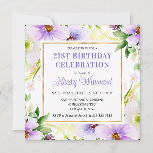 Invitation Fleurs d'été Crème Violette Aquarelle Anniversaire