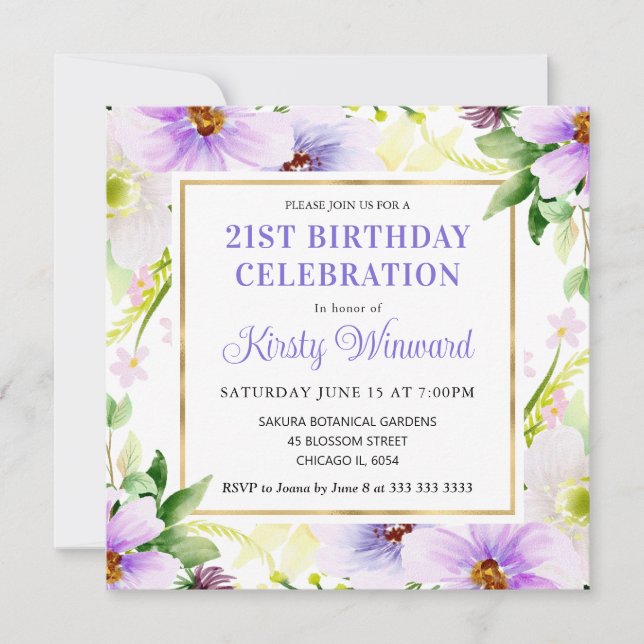 Invitation Fleurs d'été Crème Violette Aquarelle Anniversaire (Devant)