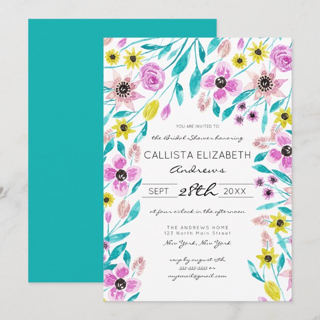 Invitation Fleurs d'été Fête des mariées Feuille d'aquarelle (Devant / Derrière)