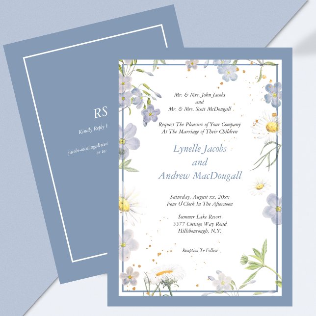 Invitation Fleurs d'été Mariage bleu avec RSVP (Summer Flowers Blue Wedding with RSVP Invitation)