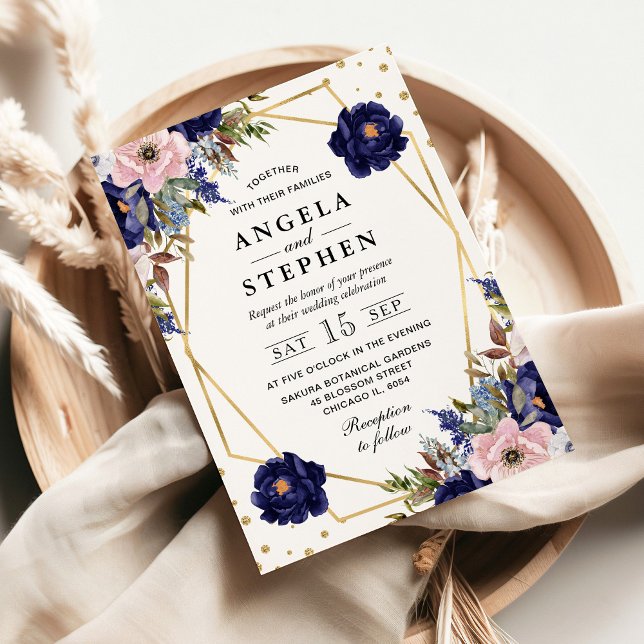 Invitation Fleurs d'été Navy et Crème Mariage Cadre Doré (Créateur téléchargé)