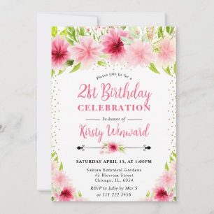 Invitation Fleurs d'été rose aquarelle Photo 21e anniversaire