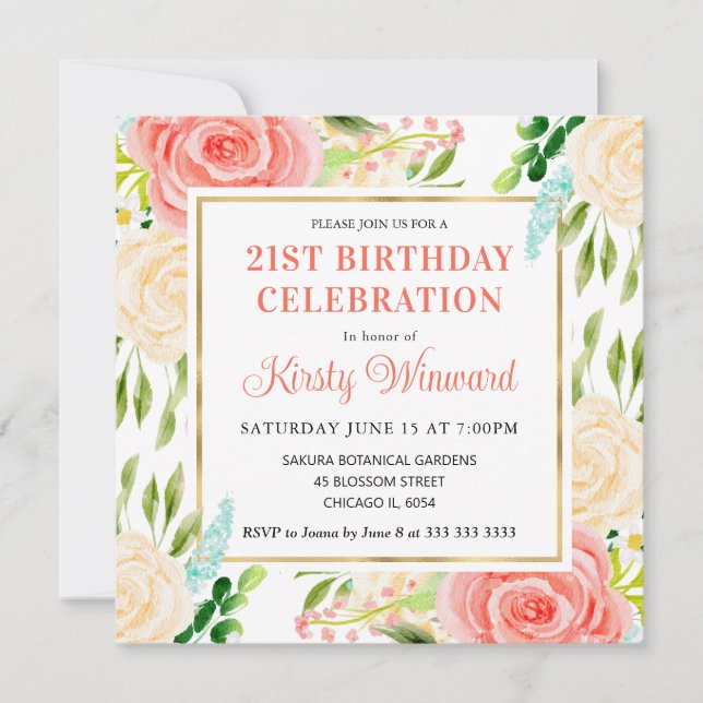 Invitation Fleurs d'été rose et menthe aquarelle pour anniver (Devant)