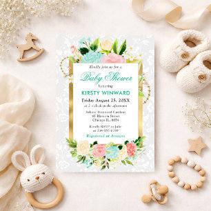 Invitation Fleurs d'été rose et menthe Baby shower d'huile d'