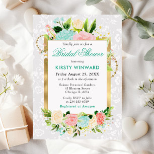 Invitation Fleurs d'été rose et menthe Bouquet de mariage dor