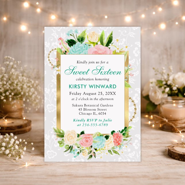 Invitation Fleurs d'été rose et menthe Feuille d'or Sweet 16 (Créateur téléchargé)