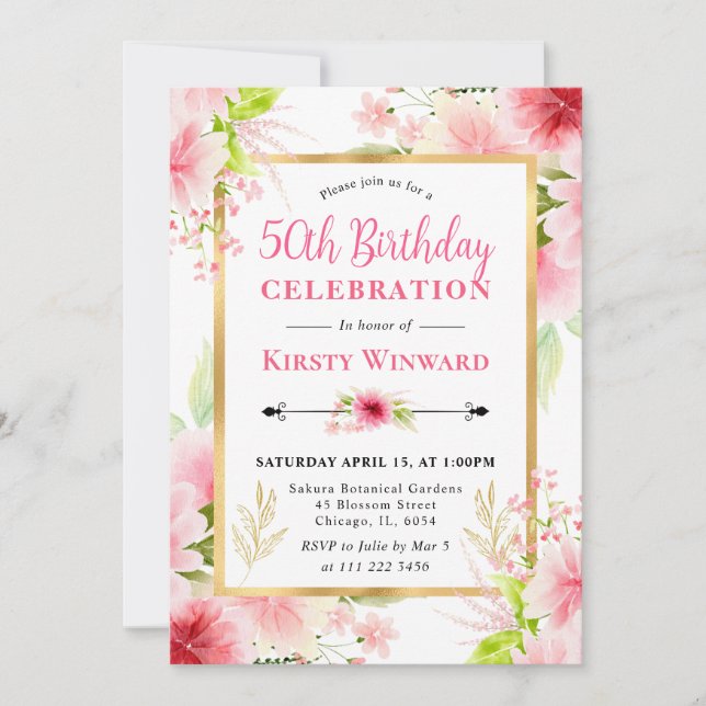 Invitation Fleurs d'été roses à l'aquarelle 50e anniversaire (Devant)