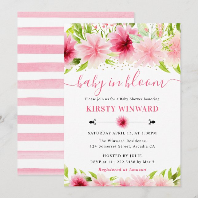 Invitation Fleurs d'été roses à l'aquarelle Baby Shower (Devant / Derrière)