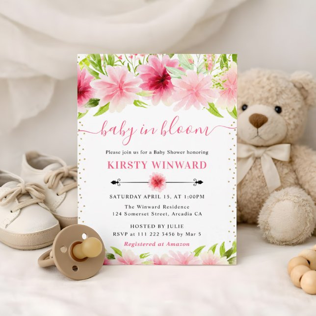 Invitation Fleurs d'été roses à l'aquarelle Baby Shower (Créateur téléchargé)