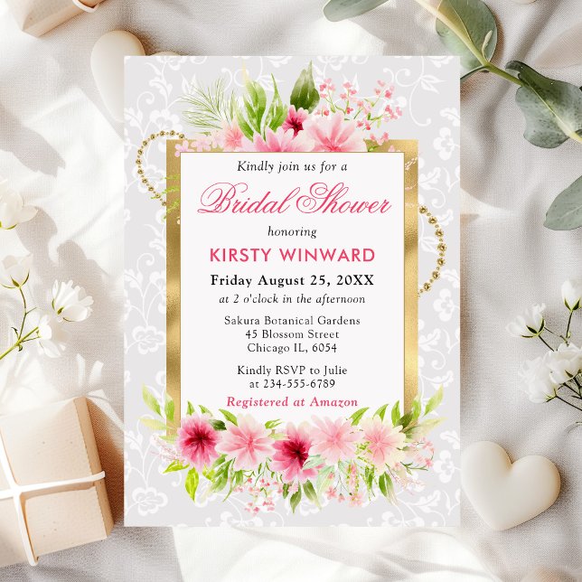 Invitation Fleurs d'été roses à l'aquarelle Mariage doré Show (Créateur téléchargé)