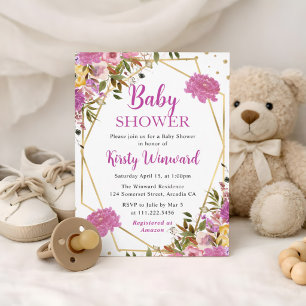 Invitation Fleurs d'été roses et jaunes Cadre Baby Shower
