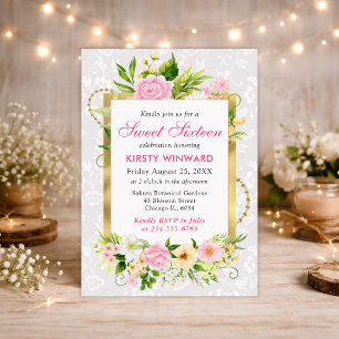 Invitation Fleurs d'été roses et jaunes Feuille d'or Sweet 16
