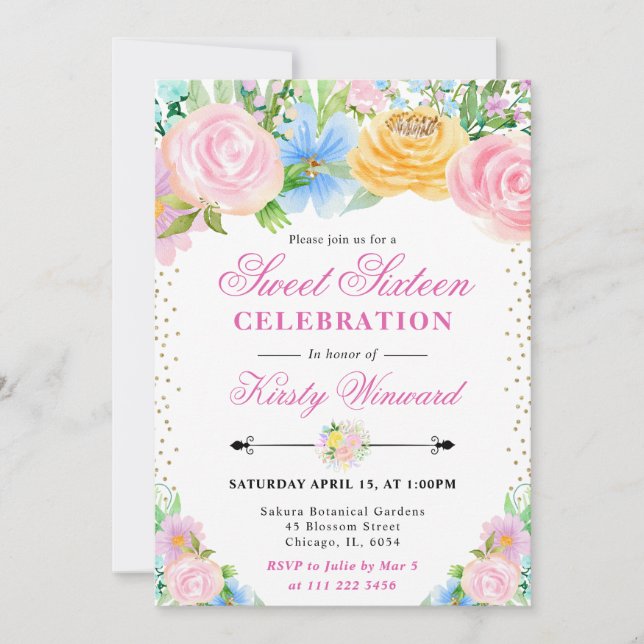 Invitation Fleurs d'été roses et jaunes Sweet sixteen (Devant)