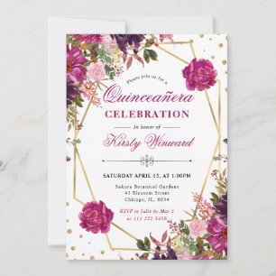 Invitation Fleurs d'été roses Fleurs et cadre Quinceanera