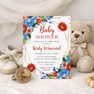 Invitation Fleurs d'été rouges et bleues Cadre Baby Shower