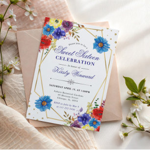 Invitation Fleurs d'été rouges, violettes et bleues encadrent