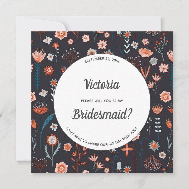 Invitation Fleurs d'été scandinaves Dark Be My Bridesmaid (Devant)