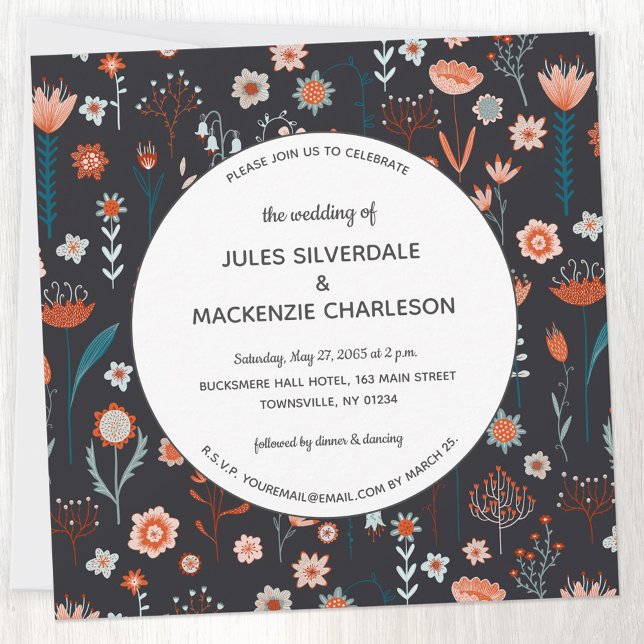 Invitation Fleurs d'été scandinaves Mariage foncé (Scandinavian style dark floral peach teal and black wedding invitation)