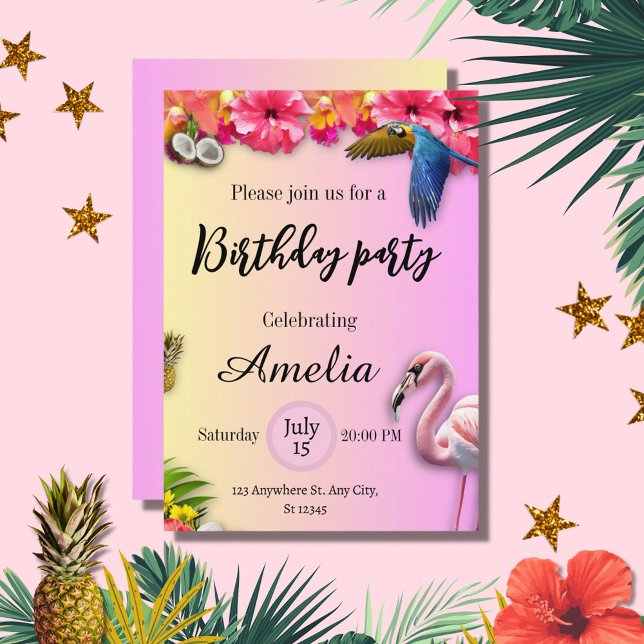 Invitation Fleurs d'été tropicales et flamingo rose anniversa (Créateur téléchargé)