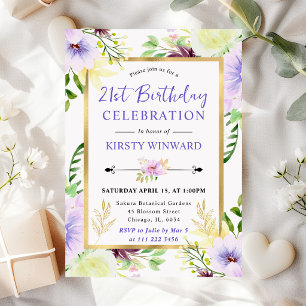 Invitation Fleurs d'été violettes à l'aquarelle 21e anniversa