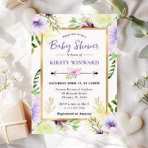 Invitation Fleurs d'été violettes à l'aquarelle Baby Shower