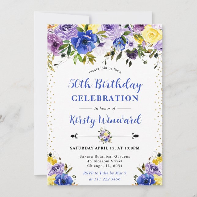 Invitation Fleurs d'été violettes et crème 50e anniversaire (Devant)