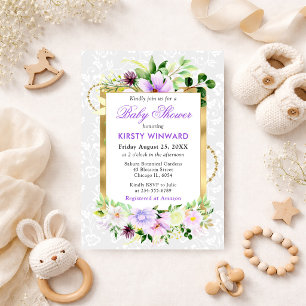 Invitation Fleurs d'été violettes et crème Baby Shower doré