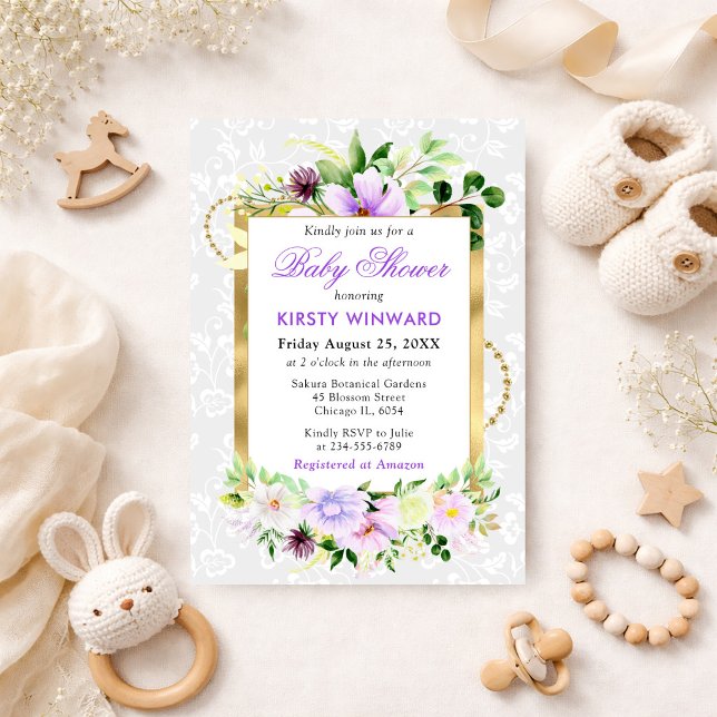 Invitation Fleurs d'été violettes et crème Baby Shower doré (Créateur téléchargé)