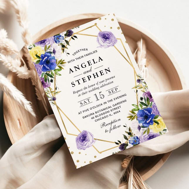 Invitation Fleurs d'été violettes et crème Cadre doré Mariage (Créateur téléchargé)