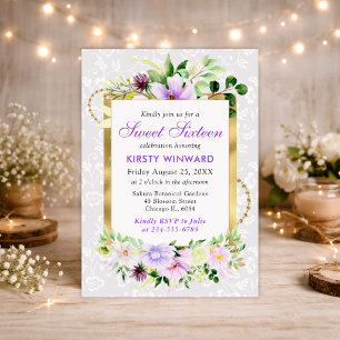 Invitation Fleurs d'été violettes et crème Feuille d'or Sweet