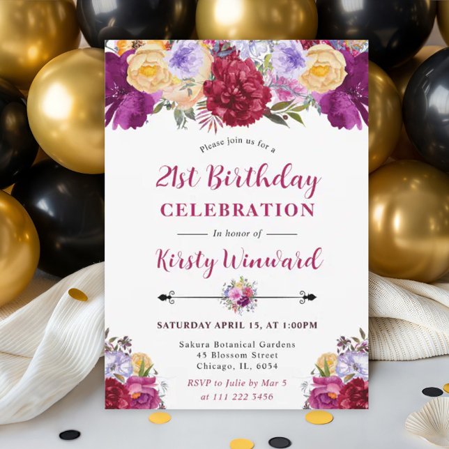 Invitation Fleurs d'été violettes et rouges 21e anniversaire (Créateur téléchargé)