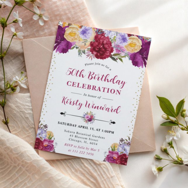 Invitation Fleurs d'été violettes et rouges 50e anniversaire (Créateur téléchargé)
