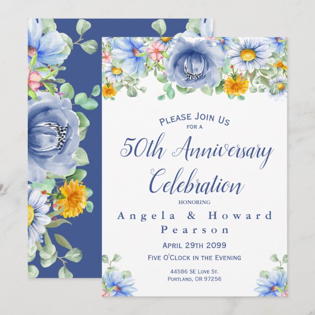 Invitation Fleurs d'eucalyptus aquarelle 50e anniversaire (Devant / Derrière)