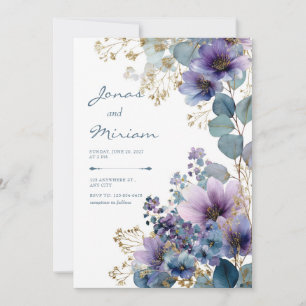 Invitation Fleurs d'eucalyptus pailletées or et violet élégan