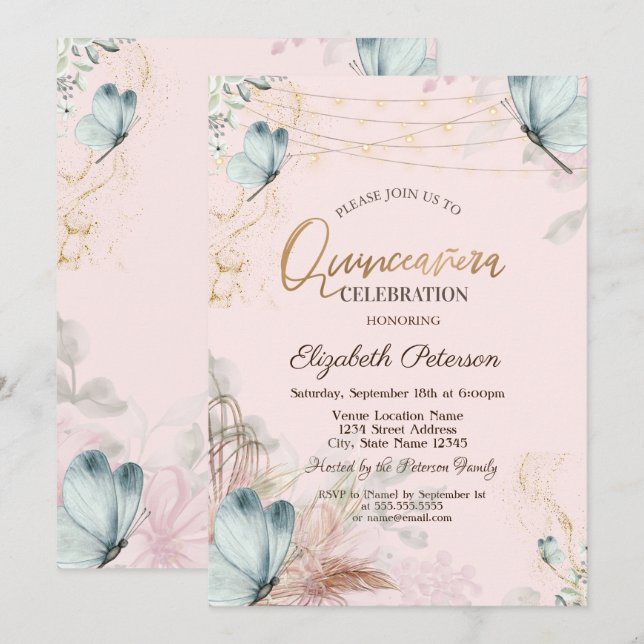 Invitation Fleurs d'herbe de Pampas Papillons bleus Quinceañe (Devant / Derrière)