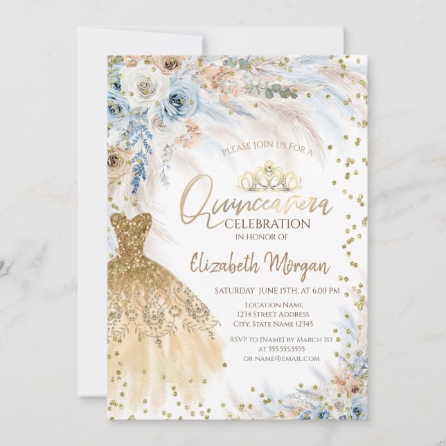 Invitation Fleurs d'herbe des Pampas Robe Diamants Quinceañer (Devant)