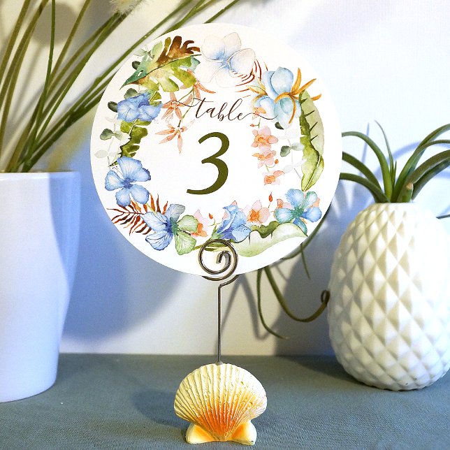 Invitation Fleurs d'Hibiscus bleu tropical Numéro de tableau (tropical blue table number round floral hibiscus flowers blue green coastal hawaiian flowers floral )