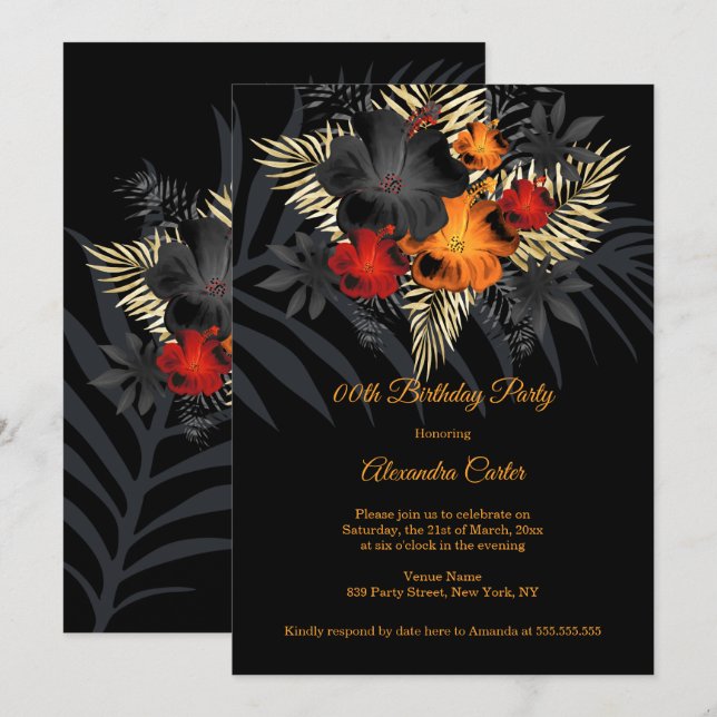 Invitation Fleurs d'Hibiscus Rouge Orange Noir Anniversaire (Devant / Derrière)