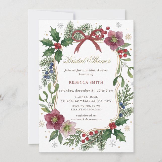 Invitation Fleurs d'hiver avec ruban rouge Noël Shower de mar (Devant)