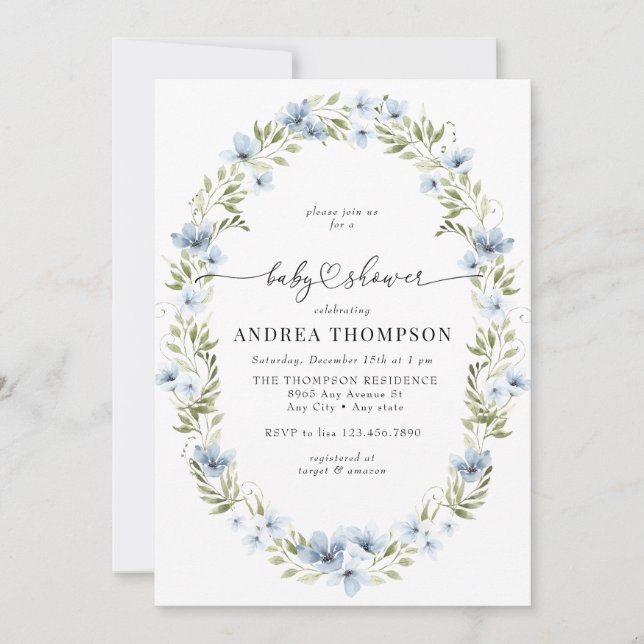 Invitation Fleurs d'hiver | Baby shower bleu (Devant)