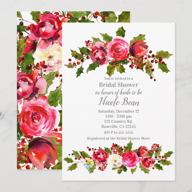 Invitation Fleurs d'hiver Baies de houx Mariage de vacances F (Devant / Derrière)