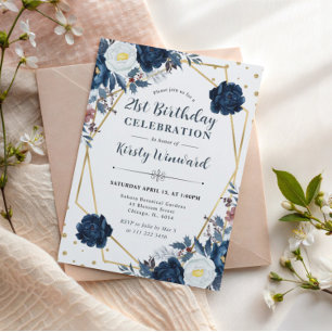 Invitation Fleurs d'hiver bleues et blanches Cadre d'annivers