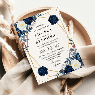 Invitation Fleurs d'hiver bleues et blanches Cadre doré Maria