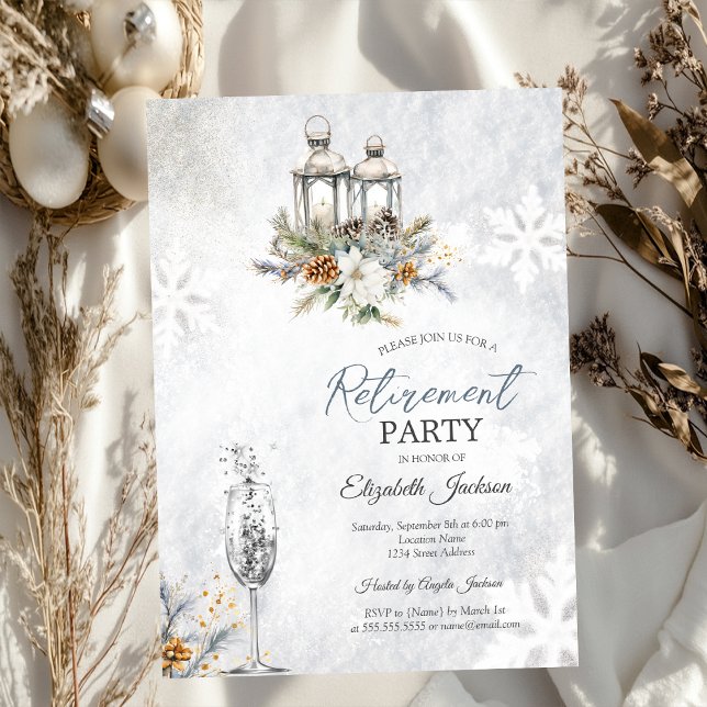 Invitation Fleurs d'hiver Lanterne Champagne Retraite (Créateur téléchargé)
