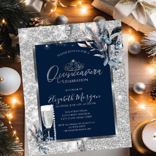 Invitation Fleurs d'hiver, Perles de verre Quinceanera bleue
