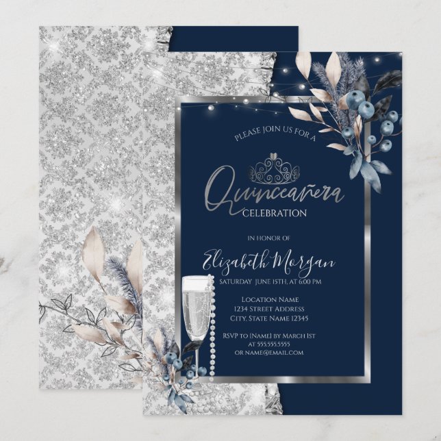 Invitation Fleurs d'hiver, Perles de verre Robe de Quinceañer (Devant / Derrière)