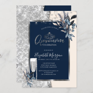 Invitation Fleurs d'hiver, Prosecco Navy Blue Quinceanera