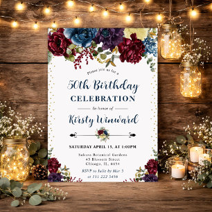 Invitation Fleurs d'hiver rouges et bleu marine 50e anniversa
