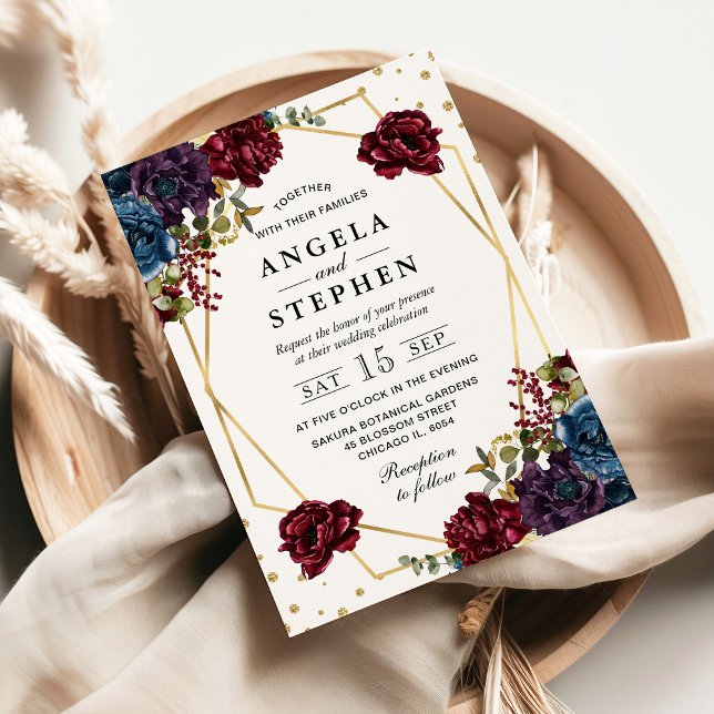 Invitation Fleurs d'hiver rouges et bleues Mariage de cadre d (Créateur téléchargé)