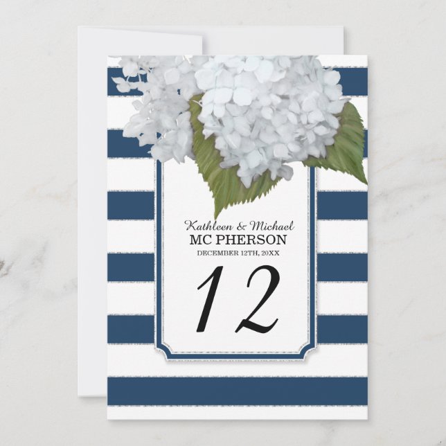 Invitation Fleurs d'hortensia blanches rayures larges navy (Devant)